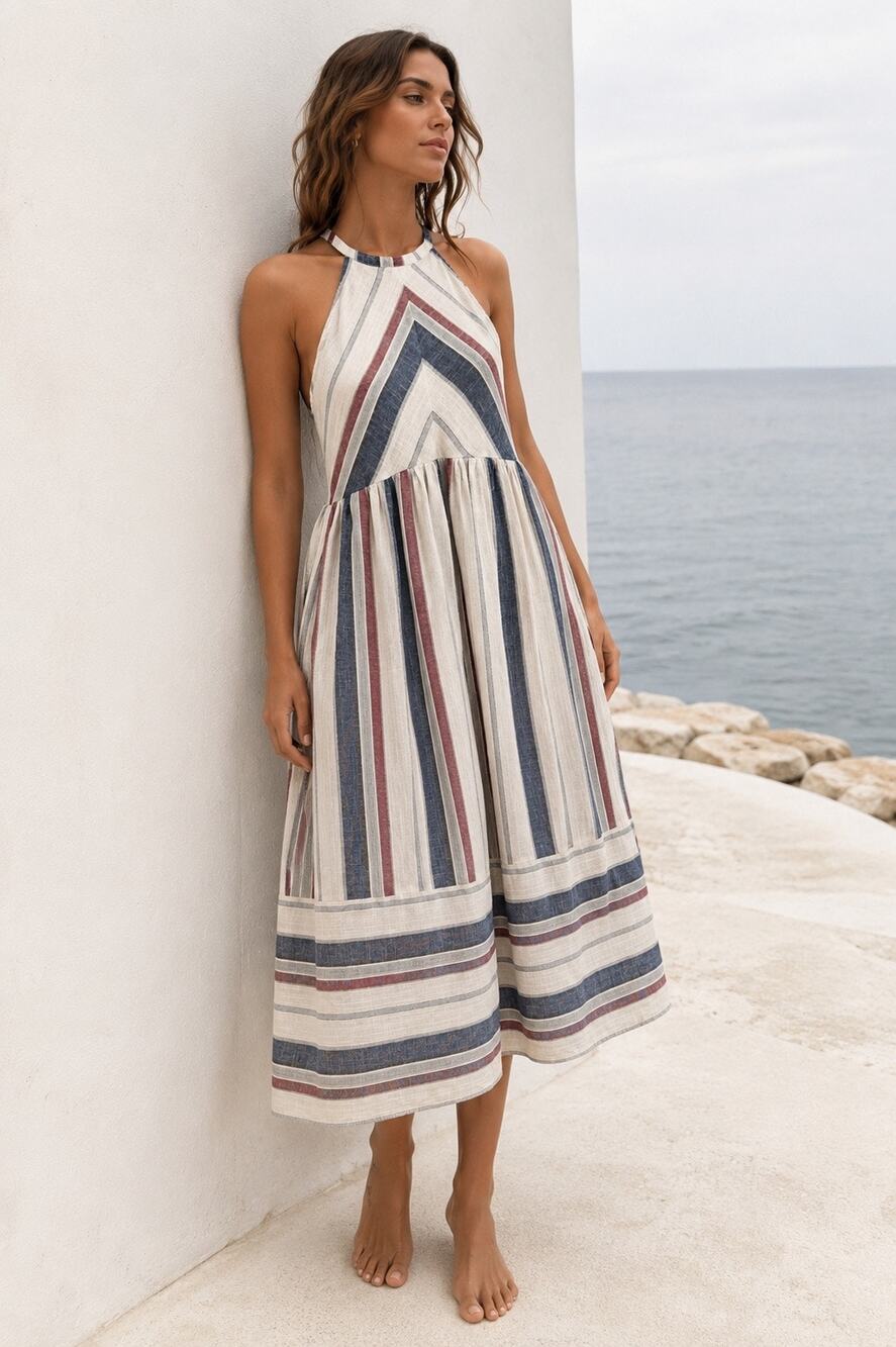 Boho Coastal Cotton Halter Midi Dress Striped Cottagecore M Americana Resort